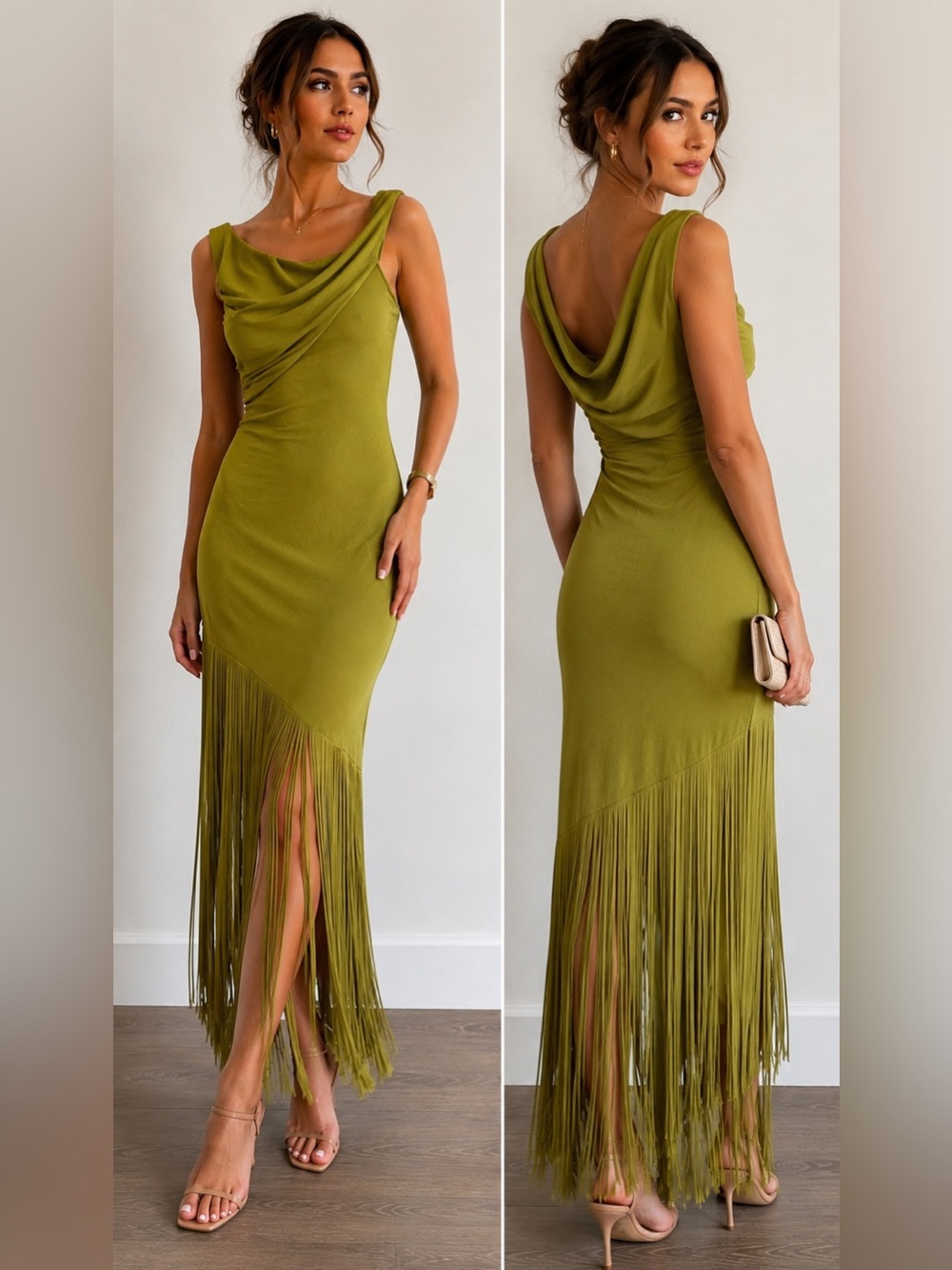 Olive Green Draped Fringe Maxi Dress Size S NWT - Picture 2 of 12